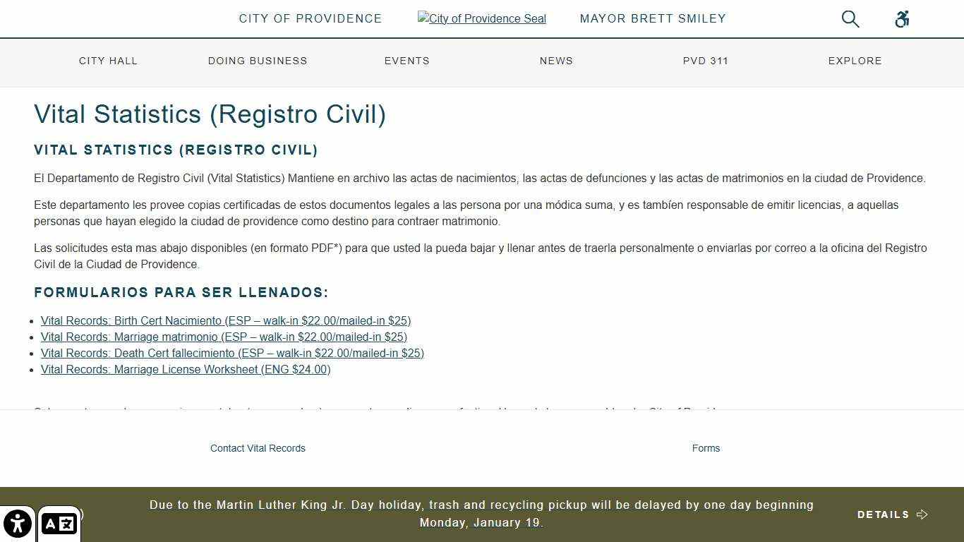 City of Providence Vital Statistics (Registro Civil) - City of Providence